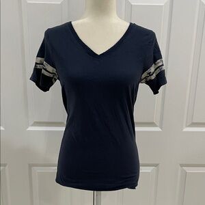 Football Style Classic Navy V-Neck Tee with Striped Accents NWOT